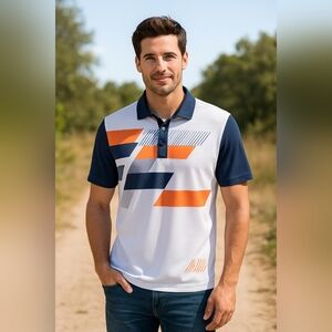 Men’s Sport Polo Shirt – Navy, Orange & White